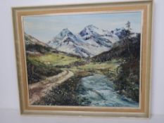 Oil on canvas Sertig Valley by Mary Brazier. Sight size 55 x 44cm in mid-century frame.
