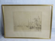 Signed print; boats on a river, houses beyond, signed indistinctly lower right Van T???,