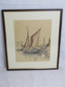Fishing boat at dock, signed in pencil lower left Vl. 1924, framed and glazed.