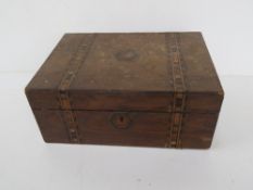 An antique work box having Tunbridge style inlay to lid. A/f.