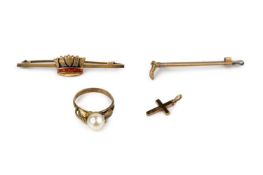 A collection of jewellery, to include a cultured pearl dress ring, stamped '375' a naval crown bar