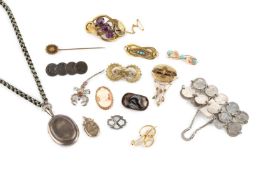 A collection of Victorian and later jewellery, comprising a half pearl set panel brooch, with beaded
