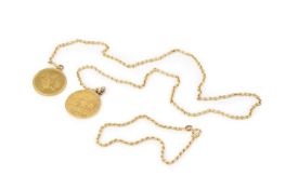 Two Turkey/Ottoman Empire gold coins, each with later fixed pendant fitting, suspended from a yellow