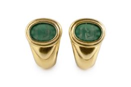 A pair of intaglio ear clips, each oval green agate intaglio in reeded collet setting, to tapered