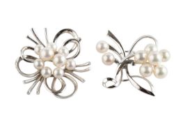 Two cultured pearl spray brooches by Mikimoto, each signed and stamped 'K14', lengths 4.1cm and 4.