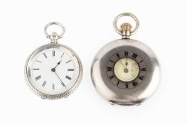 A silver half hunter pocket watch, the white dial with Roman numerals and subsidiary seconds dial,