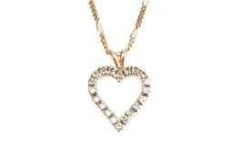 A diamond heart pendant on chain, the openwork heart edged with single-cut diamonds, suspended