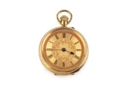 An 18ct gold open face fob watch, the circular gilt dial with Roman numerals and bead border, to a