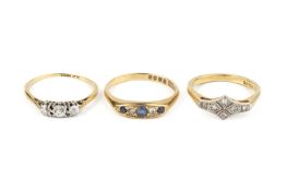 A sapphire and diamond five stone ring, alternately set with circular mixed-cut sapphires and