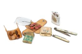 A pair of stitched red leather cufflinks, in folding leather case stamped Louis Vuitton, another