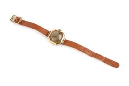 A lady's 15ct gold cased wristwatch, the circular silvered dial with black and red Arabic