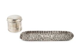 A late Victorian silver pen tray, repoussé decorated with cherubs, flowers and c scrolls by