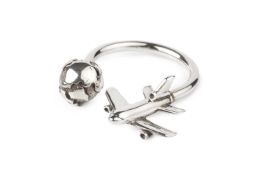 A silver keyring by Tiffany & Co, in the form of an aeroplane encircling the globe, stamped