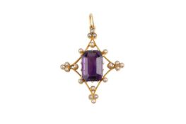 An amethyst and half pearl pendant, the openwork lozenge-shaped panel centred with an octagonal