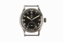 A military issue stainless steel watch head by Omega, the circular black dial with Arabic