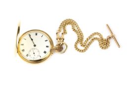 An 18ct gold hunter pocket watch, the white enamel dial with Roman numerals and subsidiary seconds