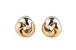 A pair of knot ear clips, three colour precious metal mounted, on hinged clip fittings, stamped '