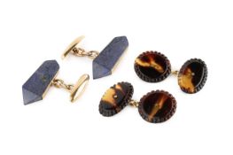 Two pairs of cufflinks, the first with blue hardstone panels of prismatic design, on torpedo and