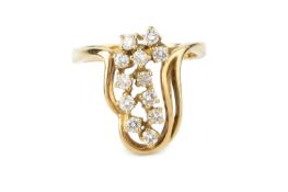 A diamond dress ring, designed as an abstract tiered cluster of slightly graduated round brilliant-