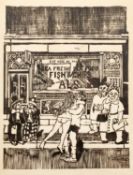 Lars Hockanson (1942-2012) Outside the Cafe wood engraving 49 x 39cm.