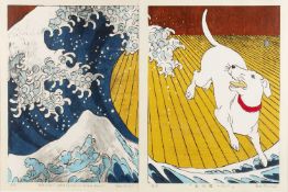 Nana Shiomi (b.1956) Hokusai's Wave (left) - Happy Dog artist's proof, signed, titled, and inscribed