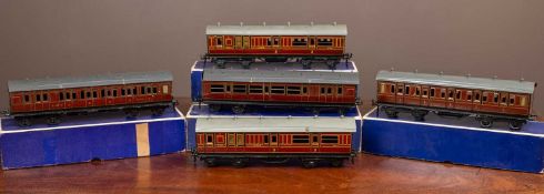 A group of five possibly Bassett-Lowke Limited 0 gauge LMS carriages