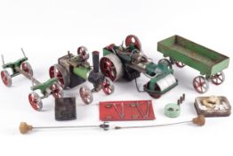 A collection of Mamod live steam vehicles and trailers.