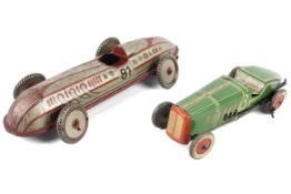 Two vintage tinplate racing cars.