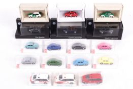 Eleven diecast model cars. Mostly 1:87 scale, including The Beetle, etc.