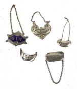 Five decanter labels marked 'Port', 'Whisky', 'Sherry',