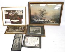 Six assorted prints, framed and glazed. Including a batik picture. Max.