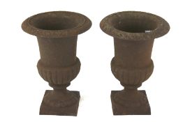 A pair of cast iron urns mounted on square bases. H24.