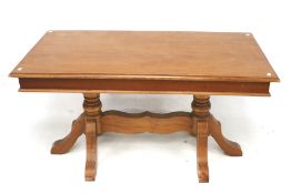 A contemporary wooden dining table.