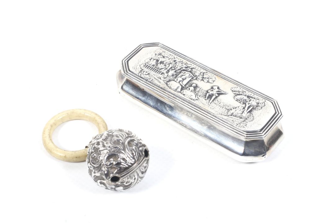 A late Victorian silver box and a child's rattle. - Image 1 of 2