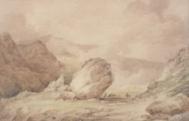 18th century English School, watercolour, The Bowder Stone, Borrowdale, Lake District.