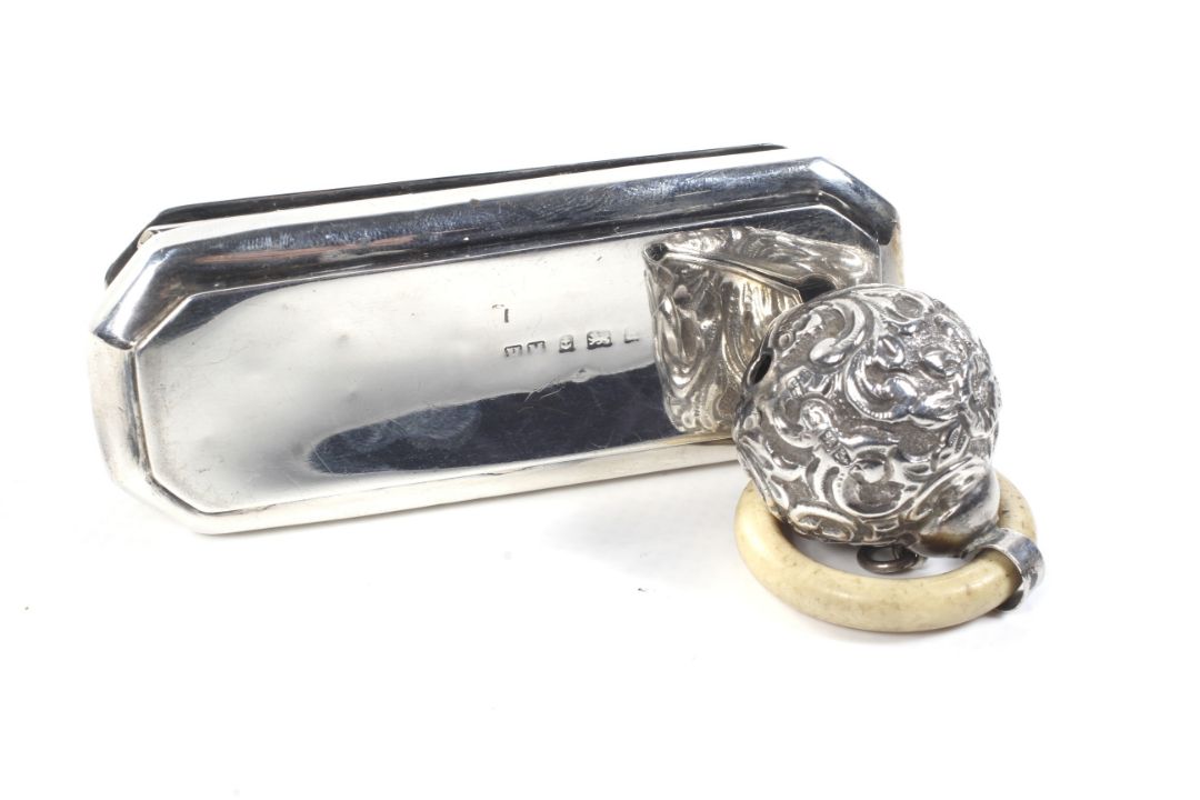 A late Victorian silver box and a child's rattle. - Image 2 of 2