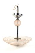 An Art Deco pink glass and chrome ceiling pendant light.