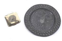 WWI German cigarette case and a pewter dish.