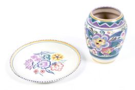 Two mid-century Poole Pottery hand decorated items. Comprising a plate and similar vase. Max.