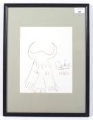 A sketch of a bull signed by Paddy Ashdown MP. With a covering letter. Framed and glazed.