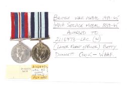 The British 1939-45 War Medal (unmarked) and India Service Medal (unmarked).