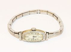 Platin Damen-Armbanduhr mit Diamanten, um 1920/30, Stahlarmband, L 15 cm, Tragespuren, Funktion