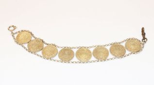 Silber Uhrenkette mit 8 Halbemark Münzen, 29 gr., L 21 cm