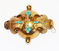 18 k Gelbgold (geprüft), Anhänger/Brosche in ausgefallener Form, teils mattiert und mit Türkisen