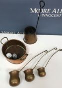 A collection of copper wares to include three cider measures, a set of measures inscribed 