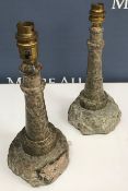 A pair of serpentine table lamps in the form of lighthouses 24 cm high excluding fittings