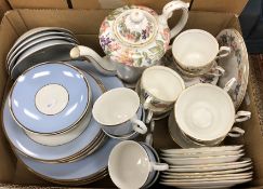 Four boxes of assorted tea and dinner wares to include Doulton part dinner service in plain blue