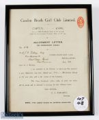 1921 C J H Tolley (Amateur Golf Champion) - Cooden Beach Golf Club Allotment Letter for Members