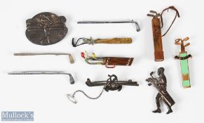 Golf Brooches and badges to include 3 silver examples 2 marked sterling, 1 RGC lady Captain