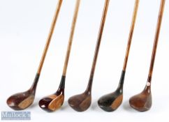 5x Various socket neck woods to incl' a large head Joe Anderson driver in dark stained persimmon,